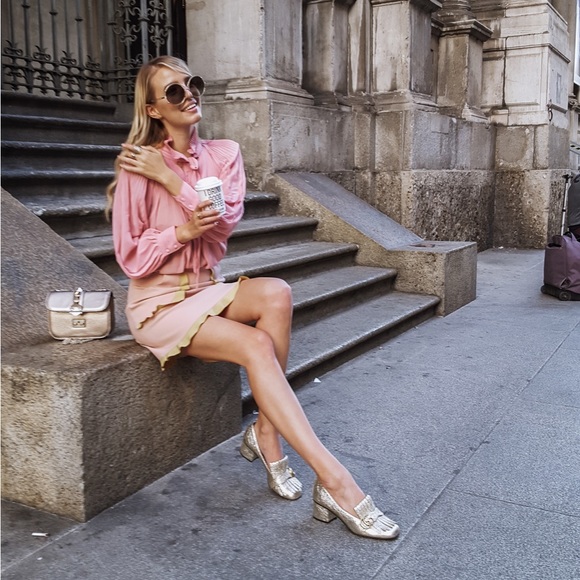 Gucci Marmont GG Logo Golden Fringe Block Mid Heel Kiltie Loafers Pumps - Picture 10 of 15